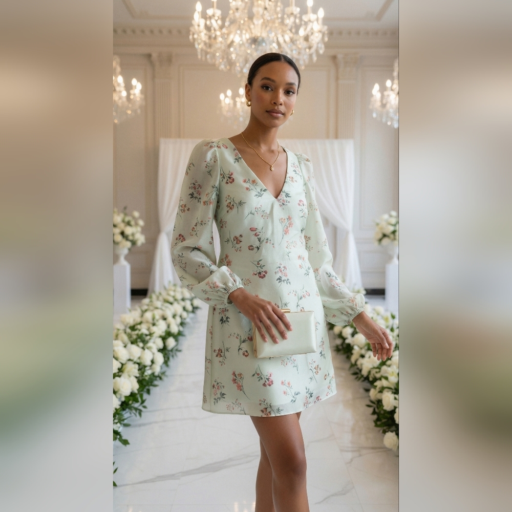 Mint Floral V-Neck Long Sleeve Midi Dress Wedding Guest Formal XL